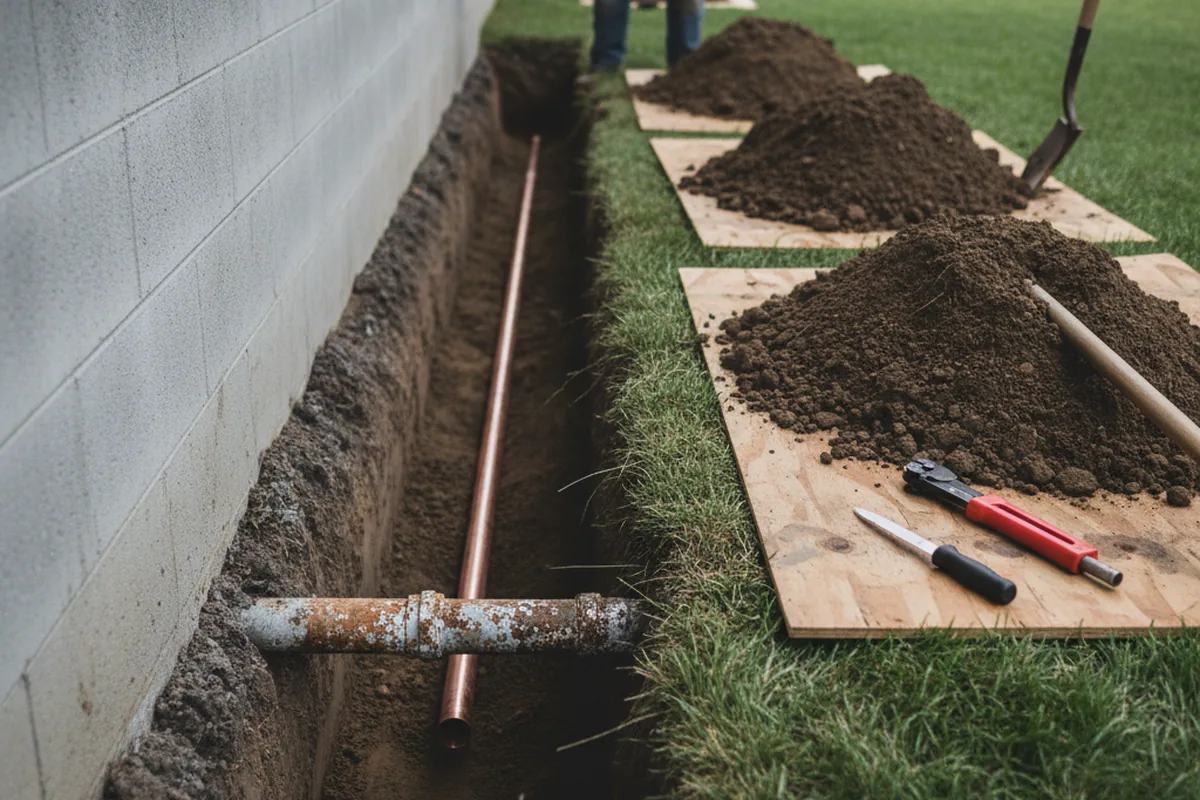 Excavated water line trench during Water Softener Installation in Edwardsville